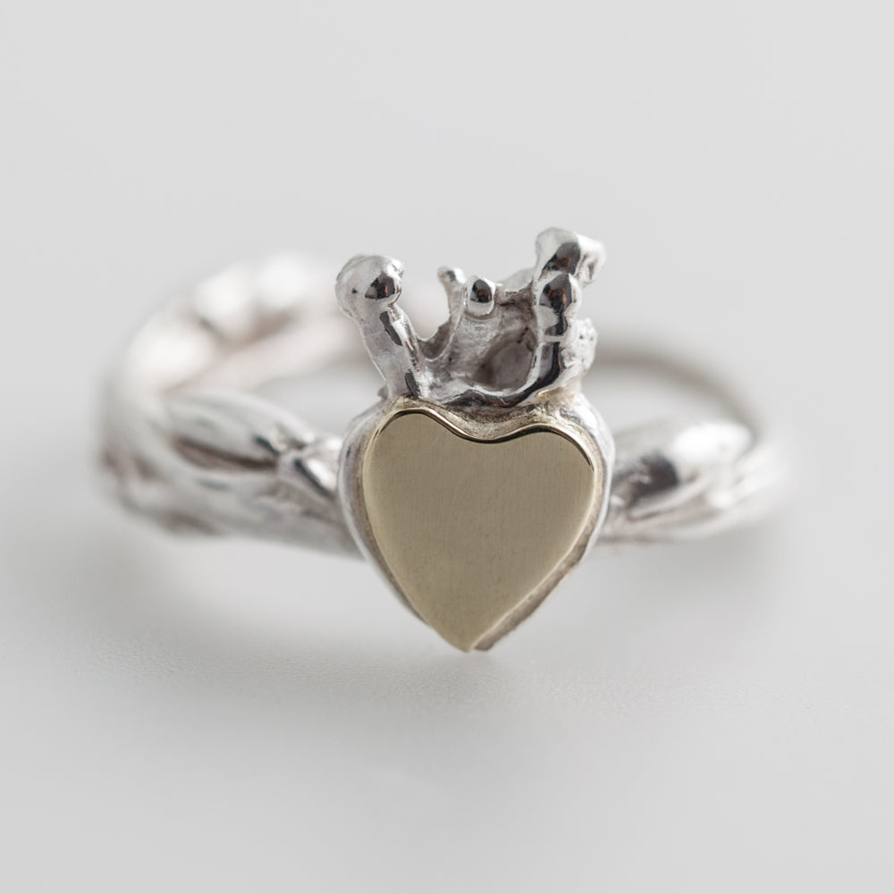 Single Claddagh Ring Silver with Óir 9K Yellow Gold Surface,Ê Shop affordable, high-quality jewellery in Kinsale, West Cork, Ireland designed by
