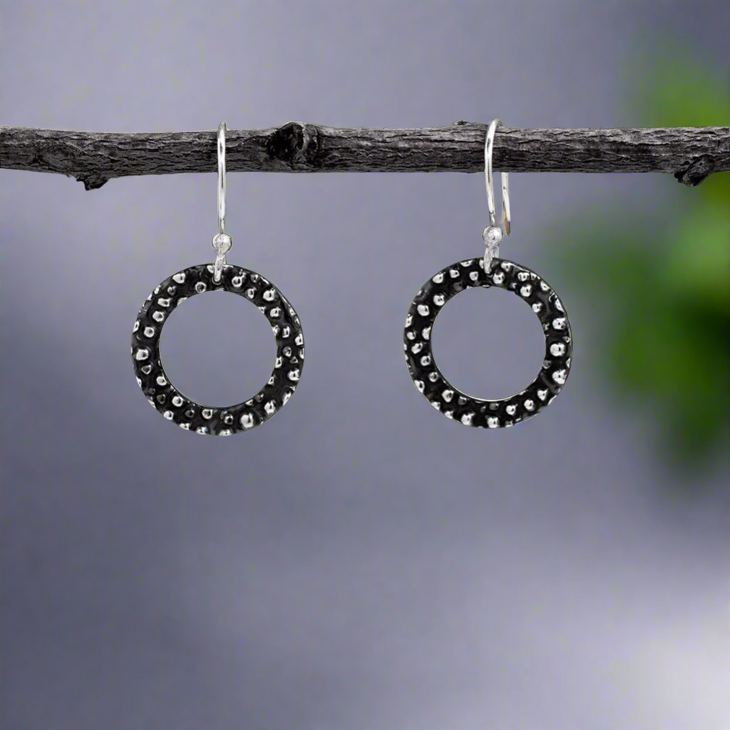 Firmament Oxidised Hoop Silver Dangle Earrings