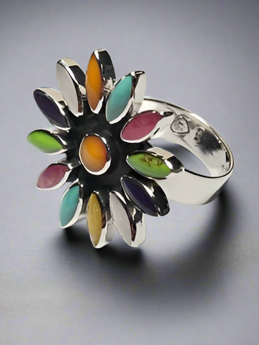 Sleveen Daisy With Multi-Coloured Petal Mosaic Resin Silver Ring