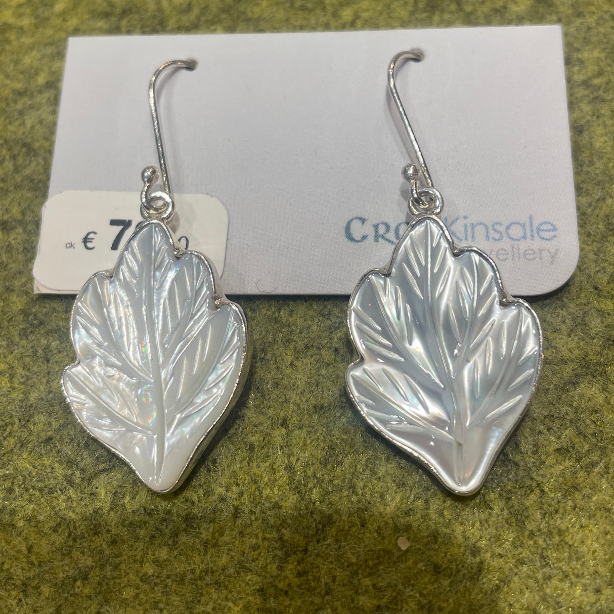 Péarla Large Carved Leaf White Mother of Pearl Silver Dangle Earrings