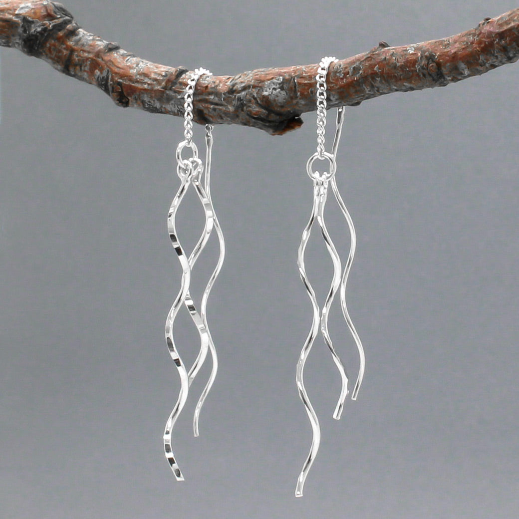Áine Double Curved Sticks Silver Threader Earrings