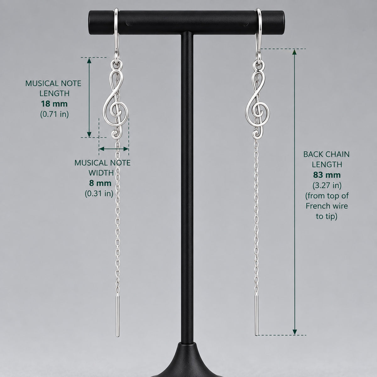 Áine Musical Note Drop with Back Chain Silver Dangle Earrings