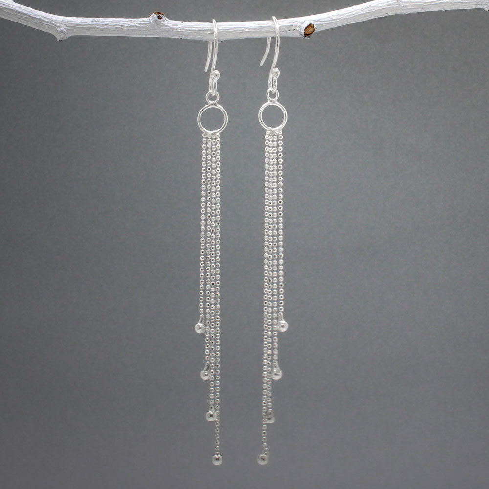 Length: 90 MM from top of the French wire Design: Cascading chains with beaded ends, whimsical and beautiful movement Features: Lightweight Material: Sterling silver Fastening: Sterling silver French wire