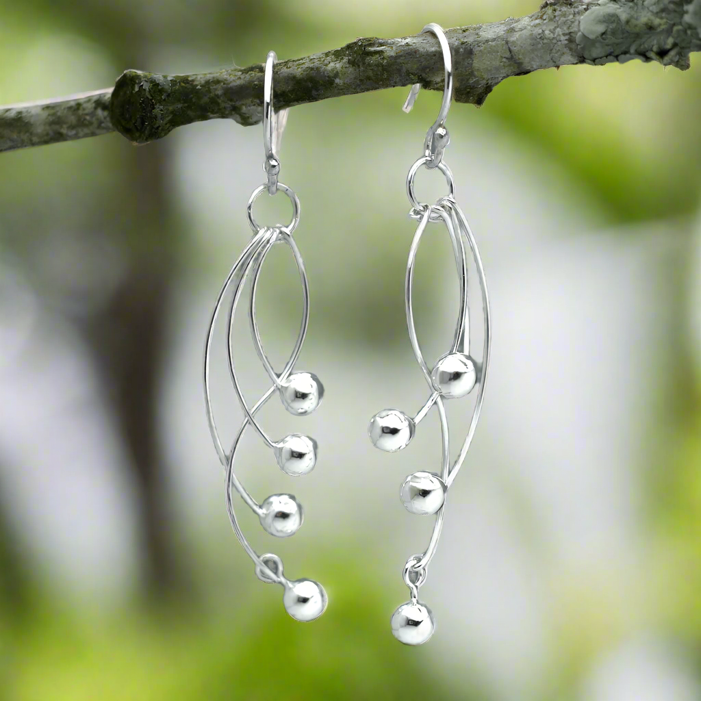 Áine Curved Wire Silver Bead Dangle Earrings