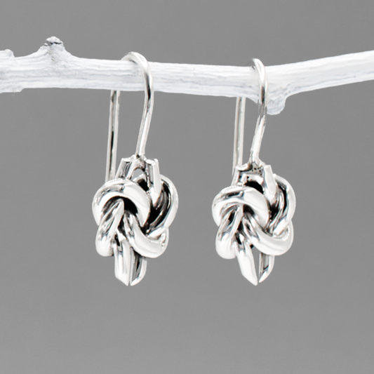 Aran - Double Knot Silver Earrings - Dangle Curated and designed by Emilio Sotelo Jewelry for Croi Kinsale Jewellery in Kinsale West Cork Ireland Europe. Find exceptional handmade silver and gold jewellery at affordable prices for birthday gifts and Christmas presents. Handcrafted Silver jewelry. Find the best affordable jewellery