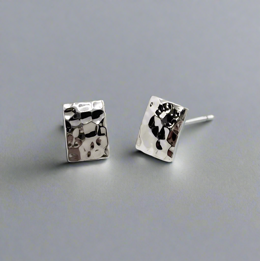 Artemis Small Rectangle Hammered Silver Stud Earrings