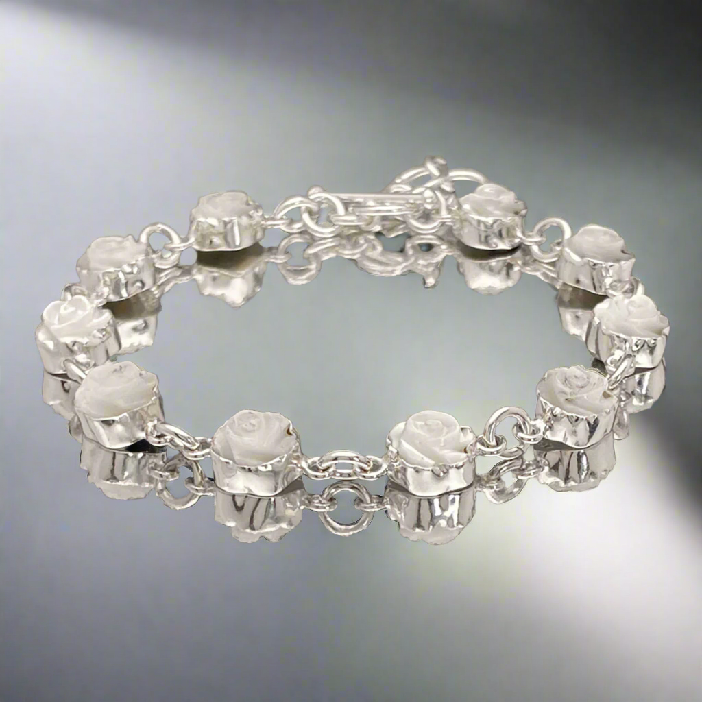 Péarla Mother of Pearl Carved Rose Silver Bracelet