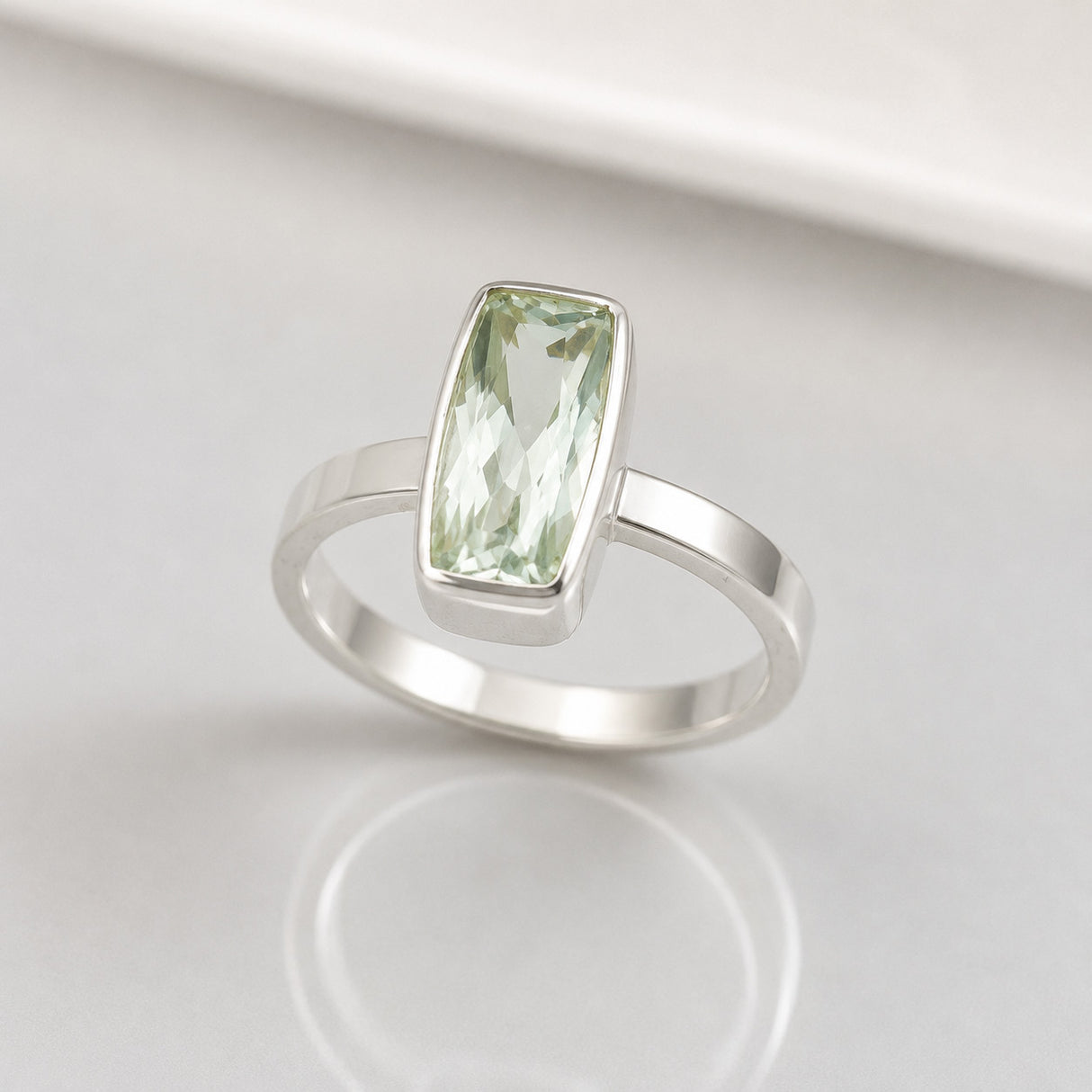 Candy Green Amethyst Faceted Tapered Baguette Silver Ring