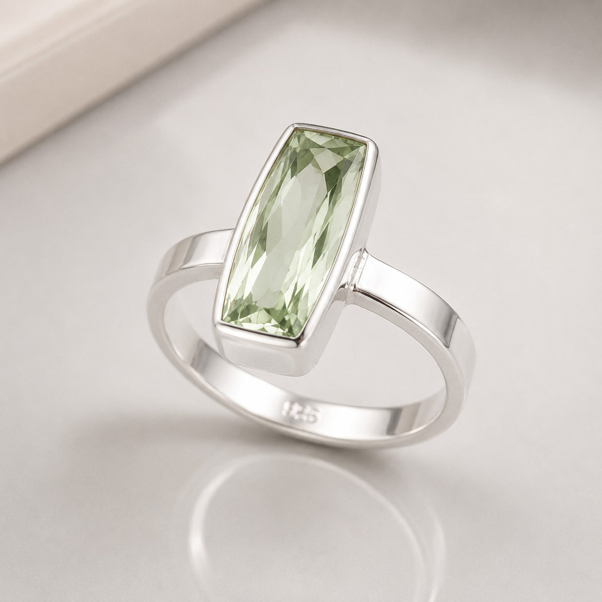 Candy Green Amethyst Faceted Tapered Baguette Silver Ring
