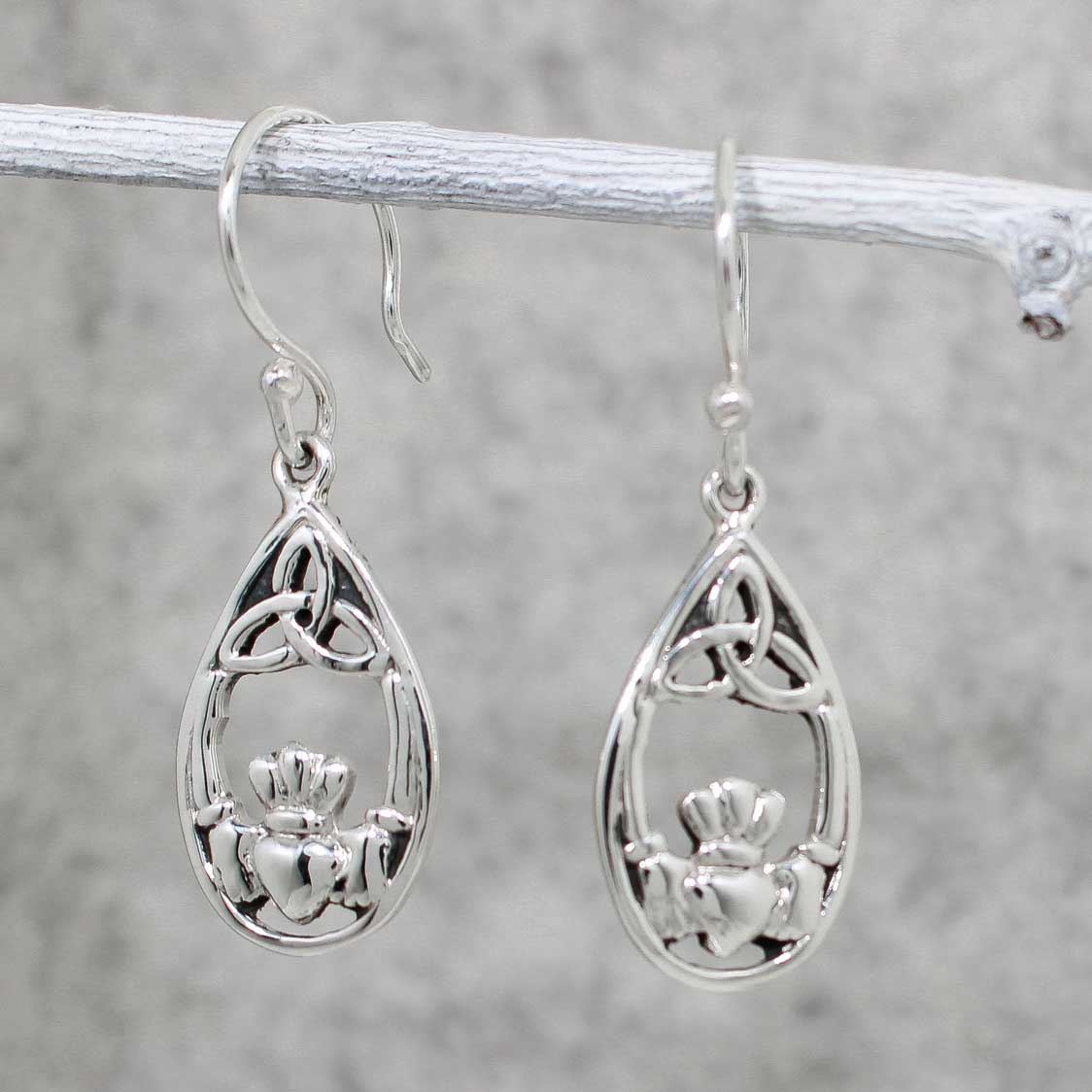 Celtic Claddagh with Trinity Drop Silver Dangle Earrings
