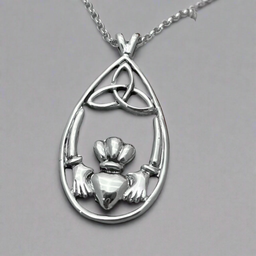 Celtic Drop Featuring Claddagh with Trinity Silver Pendant