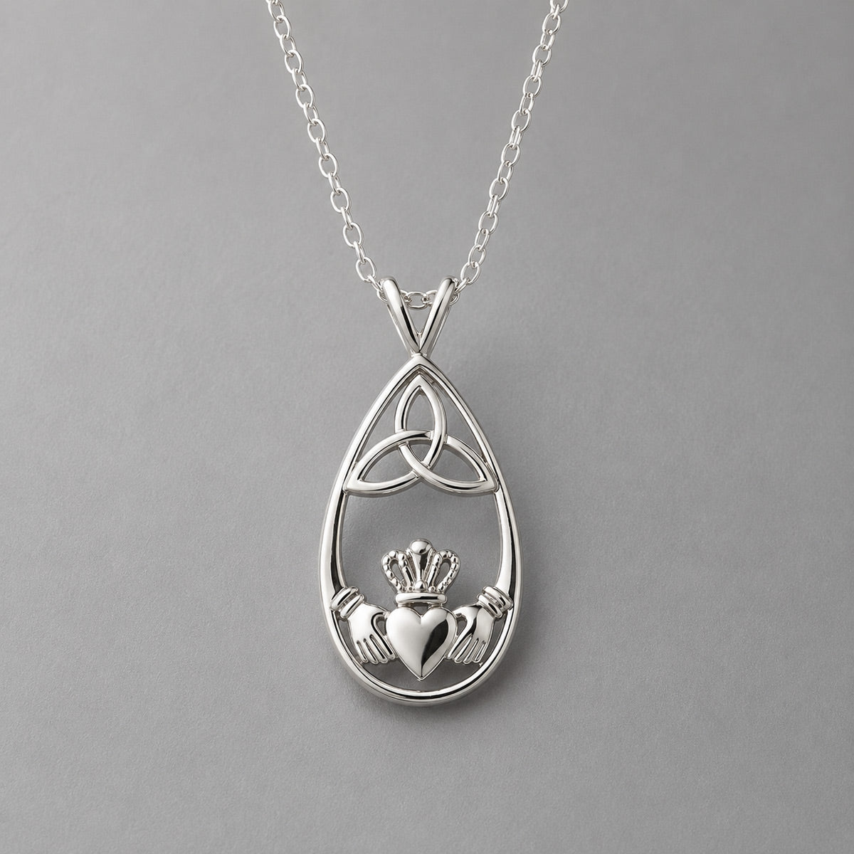 Celtic Drop Featuring Claddagh with Trinity Silver Pendant