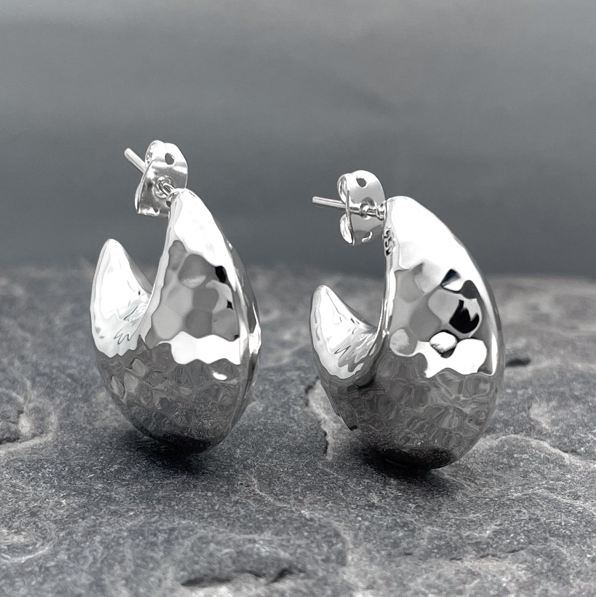 Selene Puffy Half Moon Hammered Silver Stud Earrings