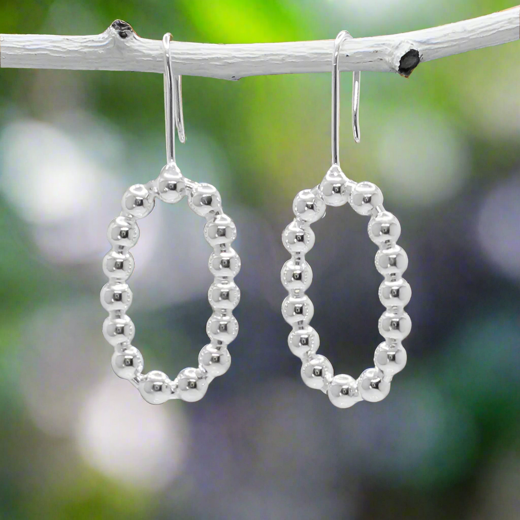 Tara Beaded Oblong Silver Dangle Earrings