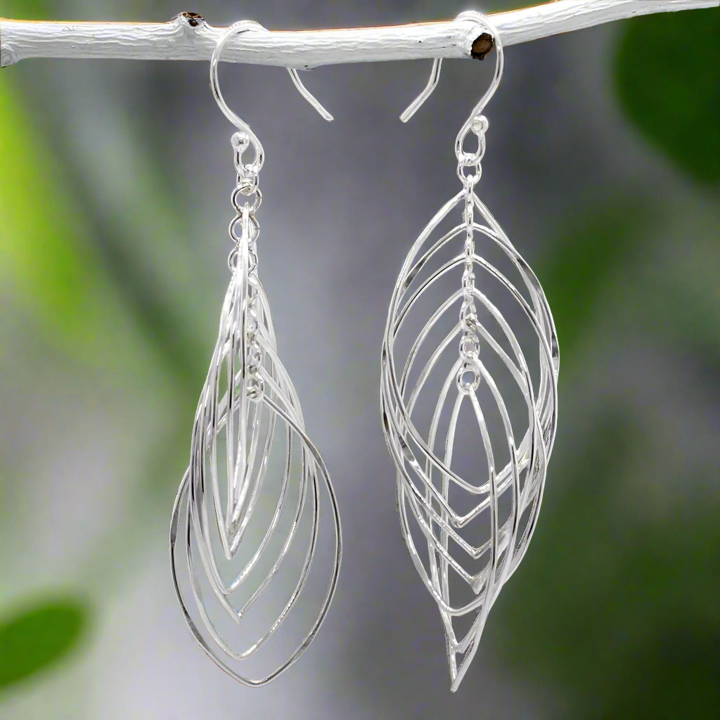 Tara Mobile Multi-Layered Leaf Shaped Wire Silver Dangle Earrings