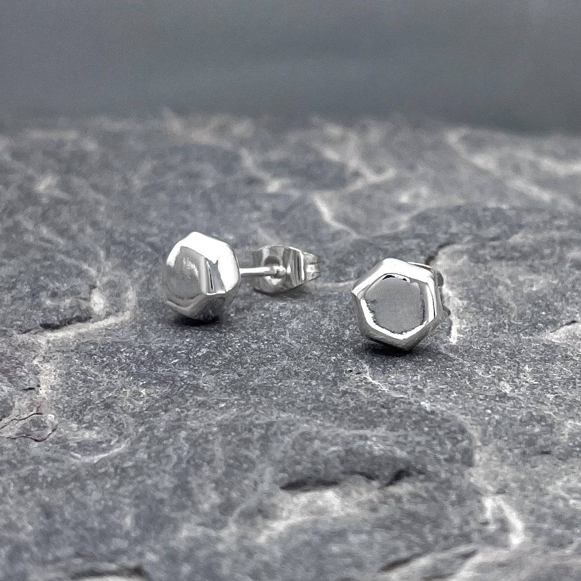 Piccoli Tiny Sculpted Hexagon Silver Ireland Stud Earrings