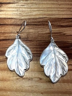 Péarla Large Carved Leaf White Mother of Pearl Silver Dangle Earrings