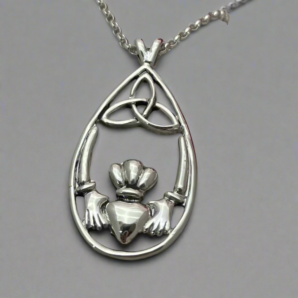 Celtic Drop Featuring Claddagh with Trinity Silver Pendant