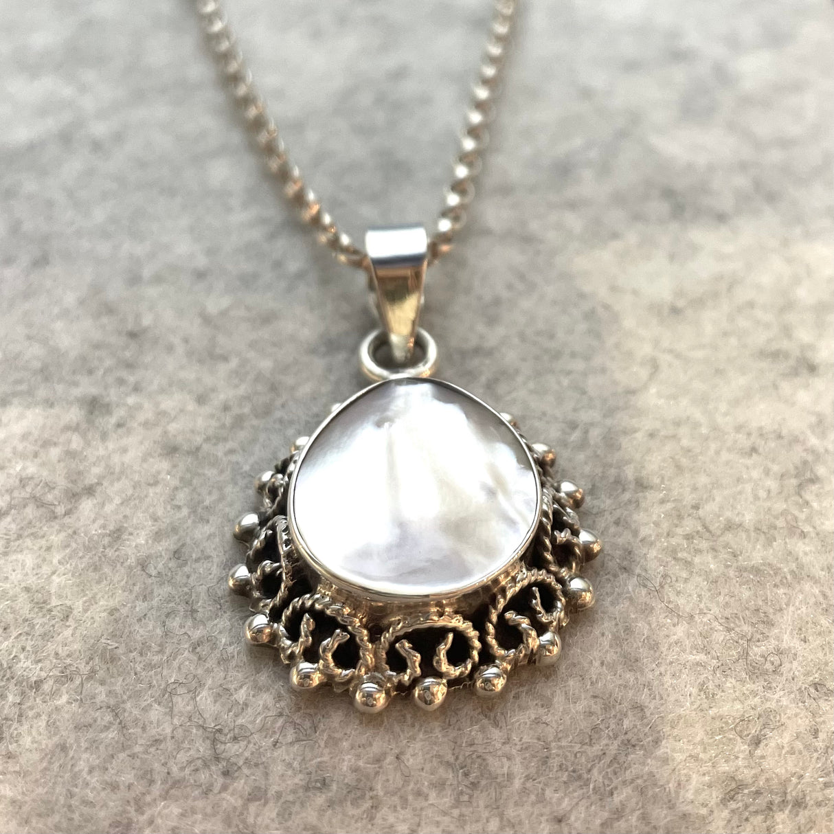 Péarla Ornate Oxidised Mother of Pearl Droplet Silver Pendant