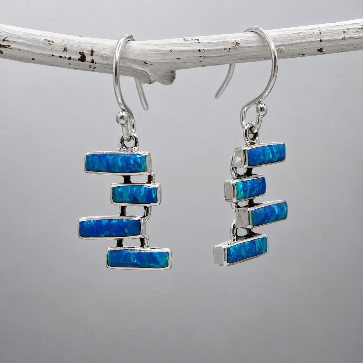 Sleveen Kinsale Steps Blue Opalescent Resin Silver Dangle Earrings