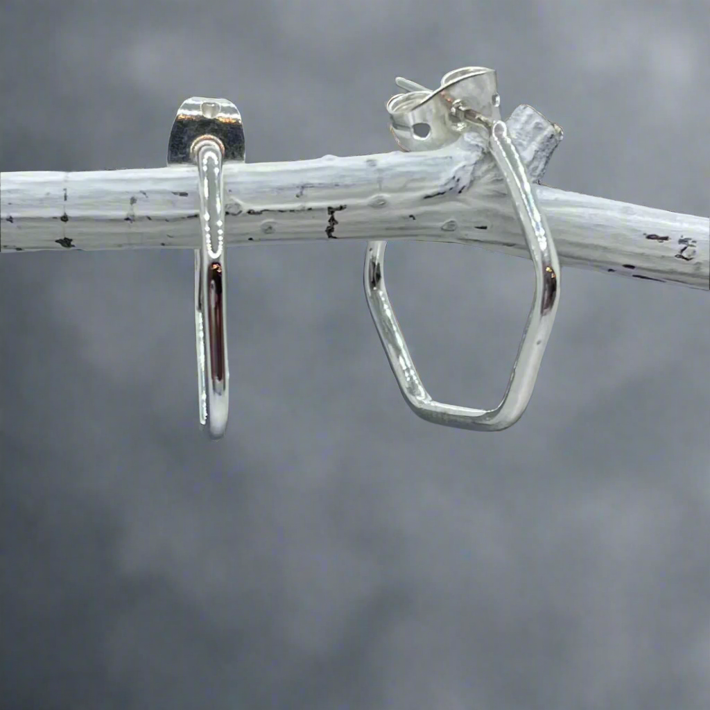 Saha Hexagon Silver Hoop Stud Earrings