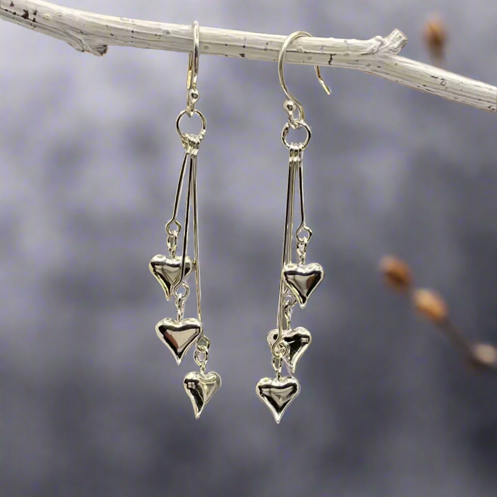 Croí Three Heart Cascade Silver Dangle Earrings