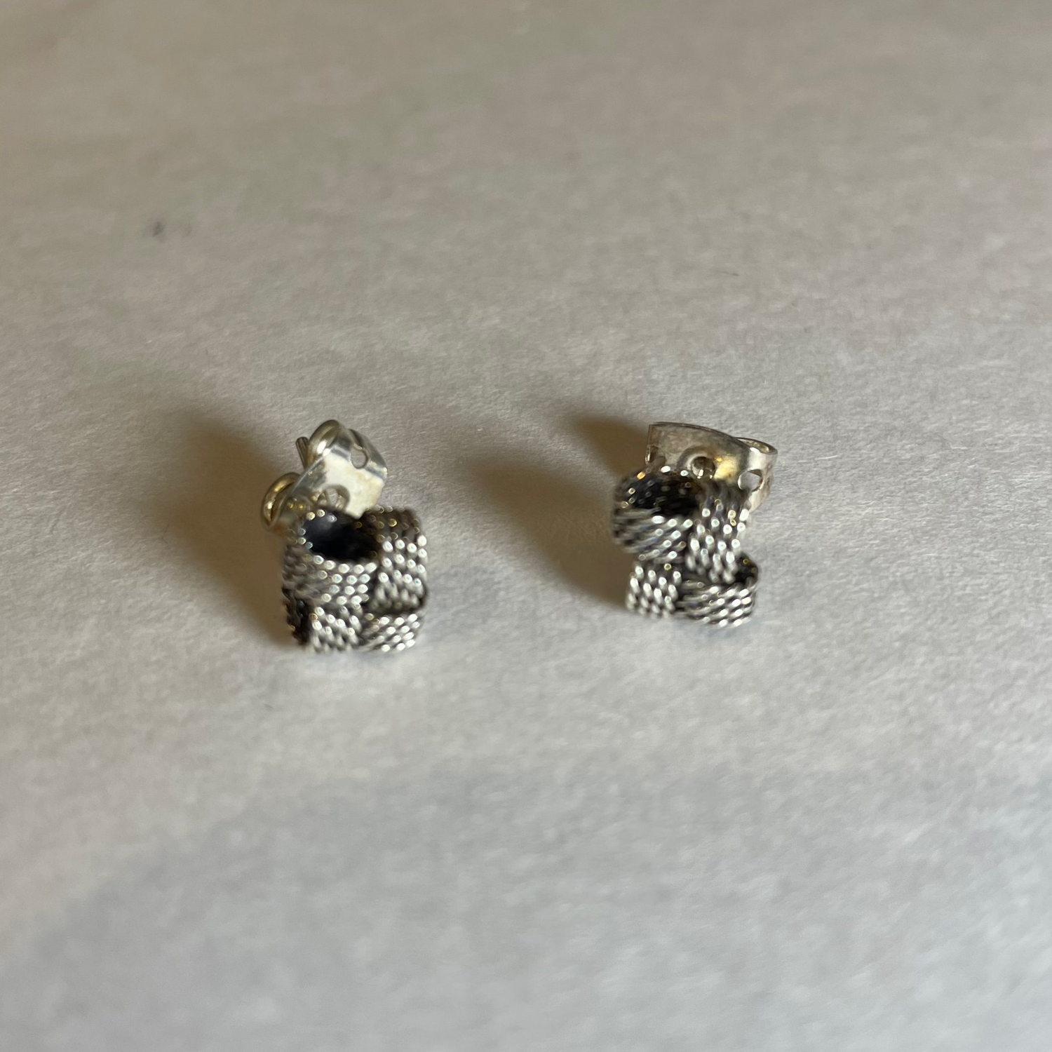Aran Tiny Cross Woven Oxidised Twisted Wire Silver Stud Earrings