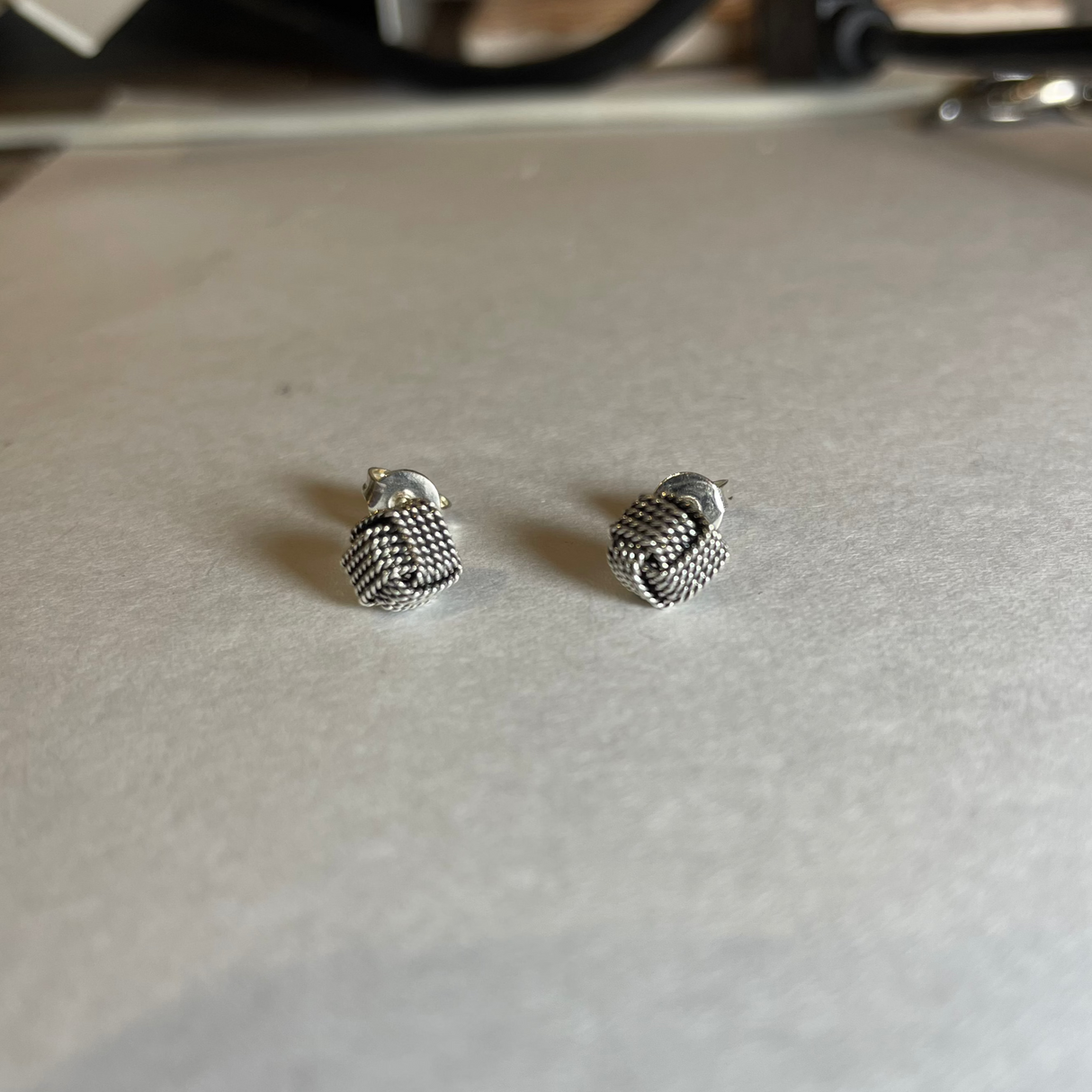 Aran Tiny Cube Woven Oxidised Twisted Wire Silver Stud Earrings