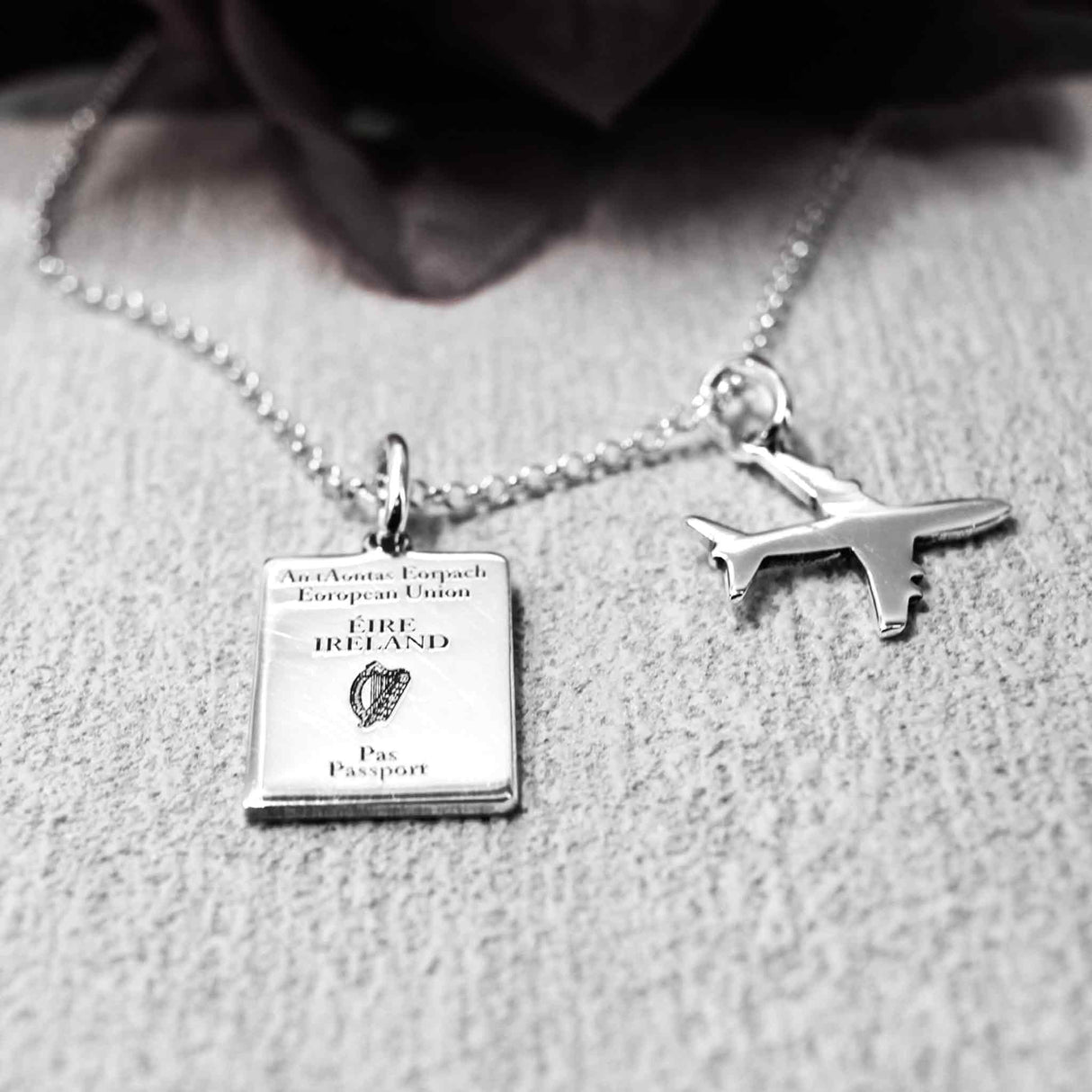Éire Mini Irish Passport Replica & Airplane Silver Pendant