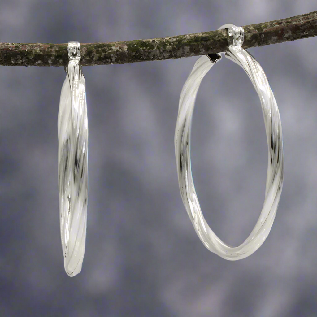 Lupita Large Twisted Patterned Silver Hinged Hoop Earrings