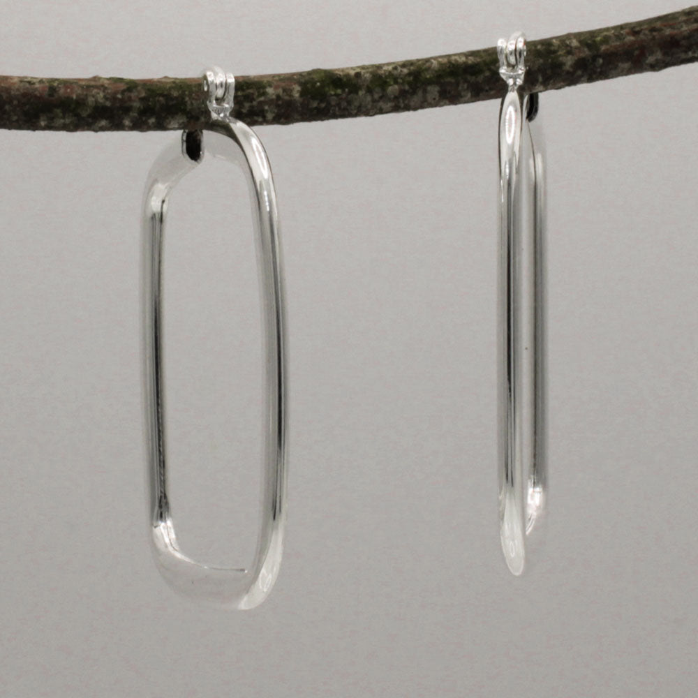 Lupita Large Rectangle Flat Silver Hinged Hoop Earrings