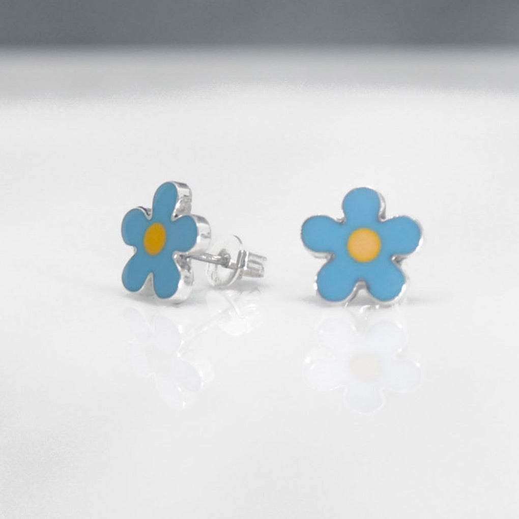 Memento Small Blue & Yellow Daisy Stud Silver Earrings