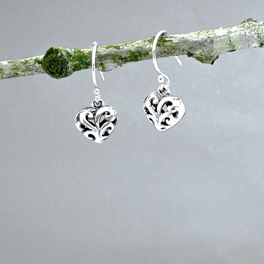 Croí - Handmade Ornate Puffy Sculpted Heart Silver Dangle Earrings