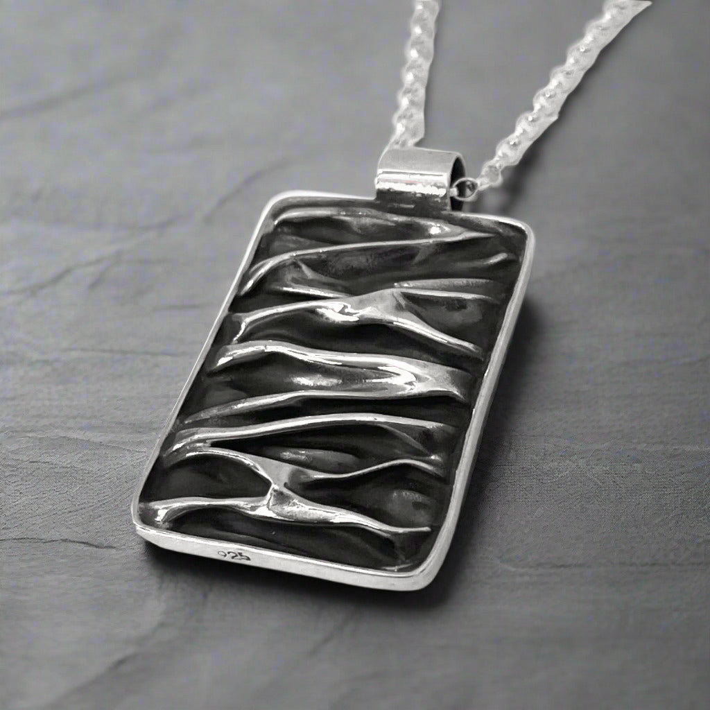 Uisce Corrugated Oxidised Rectangle Silver Pendant