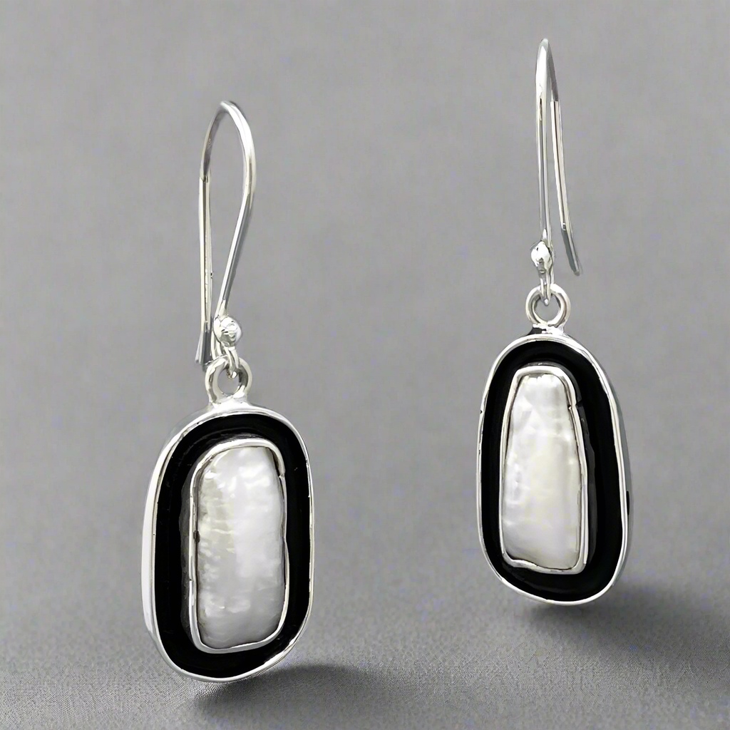 Péarla Biwa Freshwater Cultured Pearl with Oxidised Frame Silver Dangle Earrings