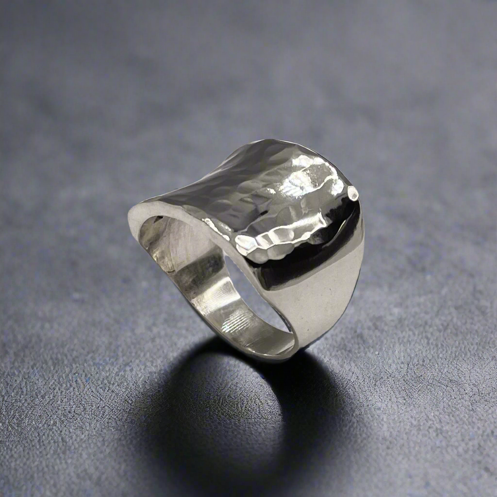 Tara Chunky Square Silver Ring with Hammered Top
