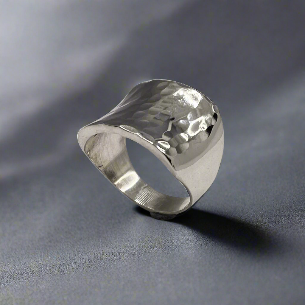 Tara Chunky Square Silver Ring with Hammered Top