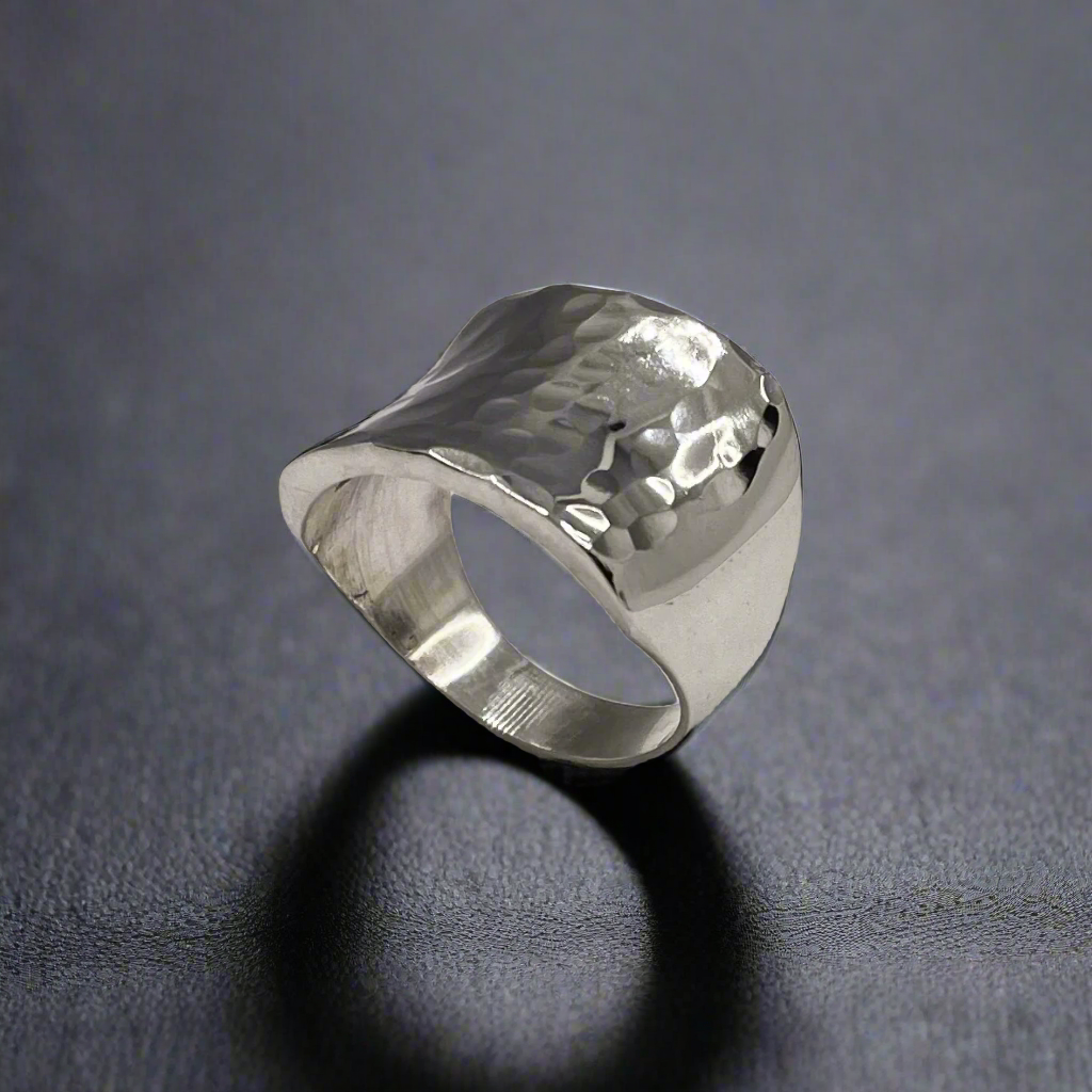 Tara Chunky Square Silver Ring with Hammered Top