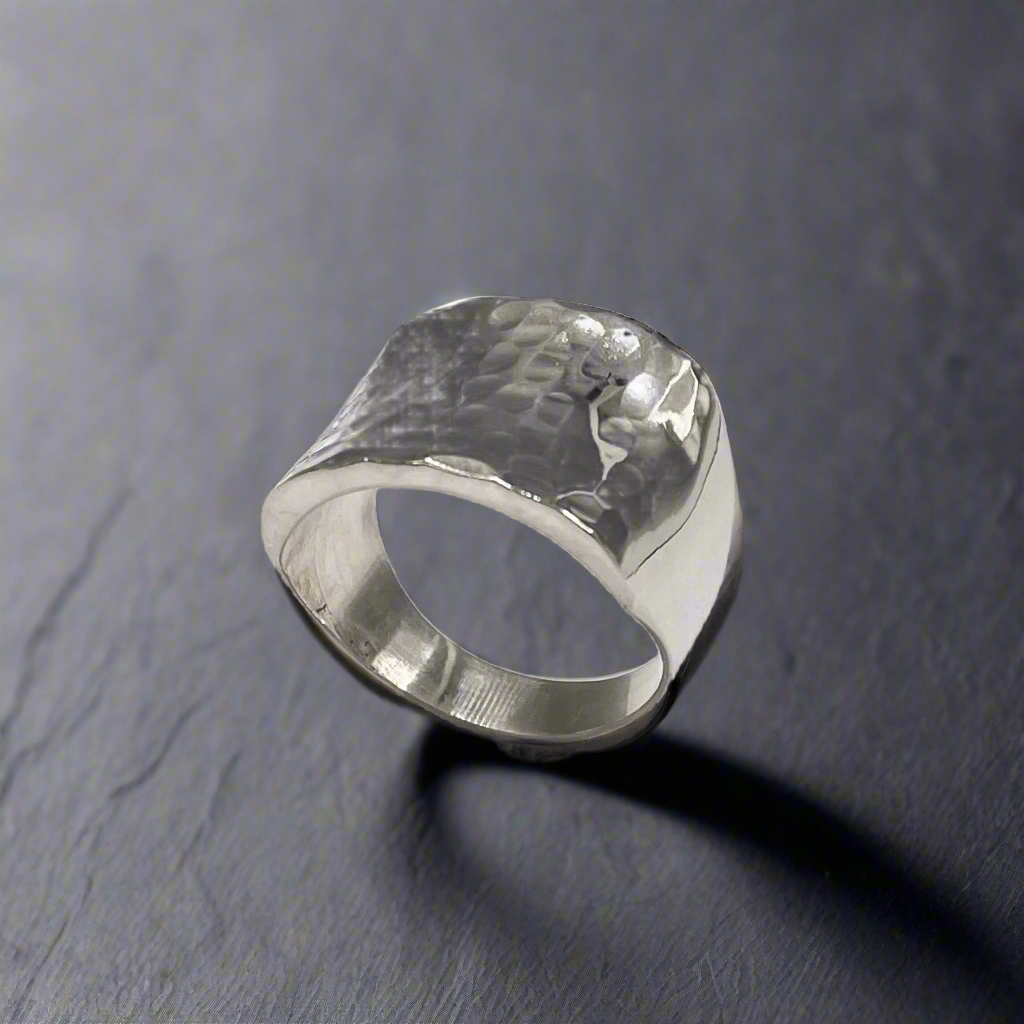 Tara Chunky Square Silver Ring with Hammered Top
