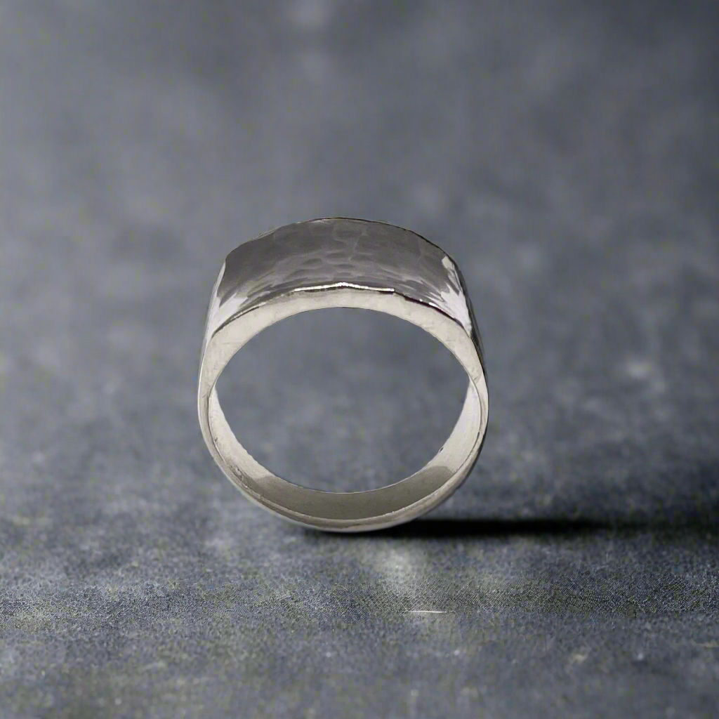 Tara Chunky Square Silver Ring with Hammered Top