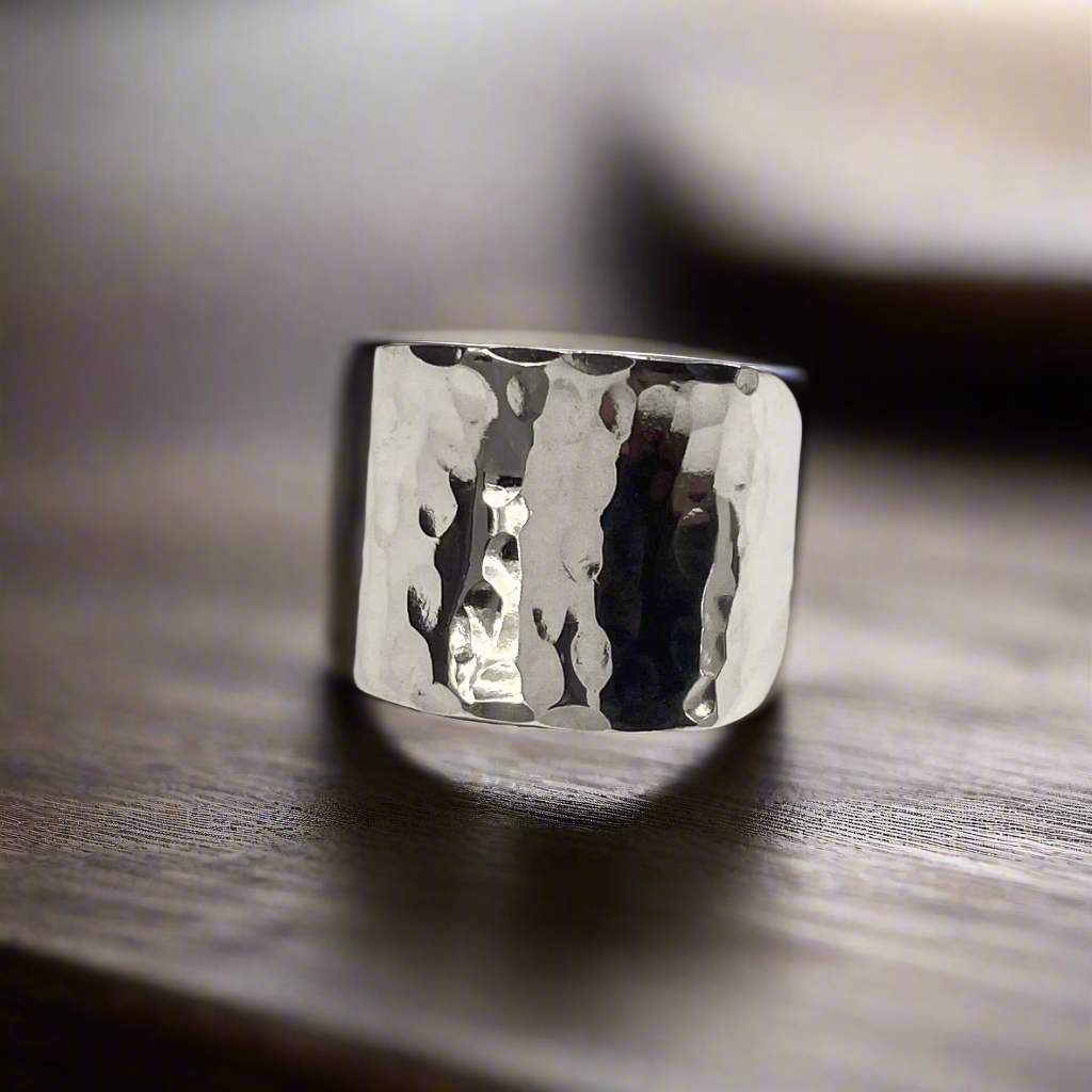 Tara Chunky Square Silver Ring with Hammered Top