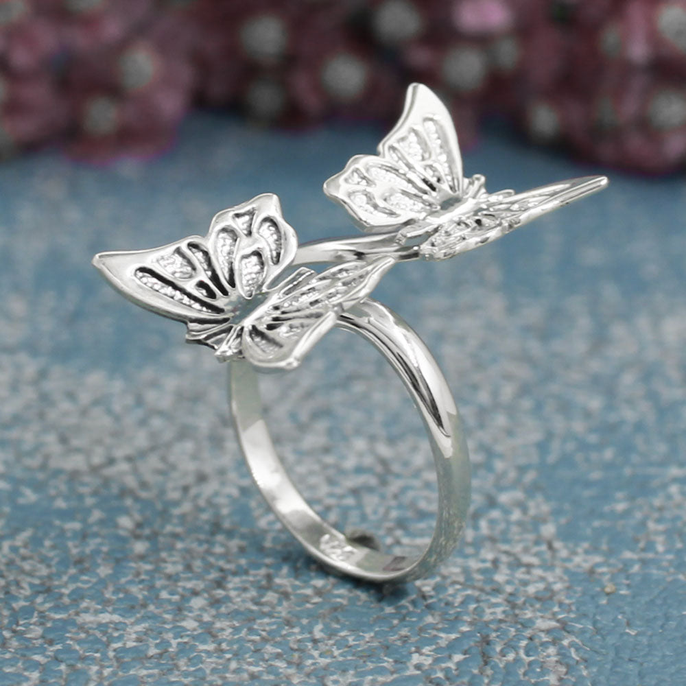 Móinéir adjustable Double Butterfly Silver Ring
