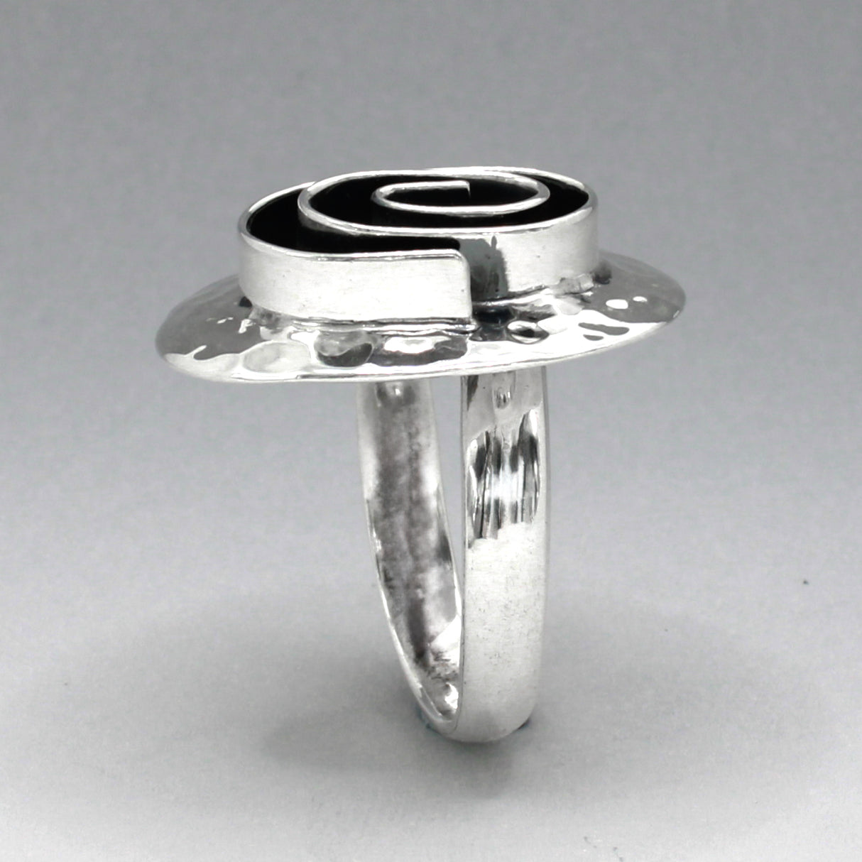 Tara Oxidised Spiral on Hammered Oval Silver Ring
