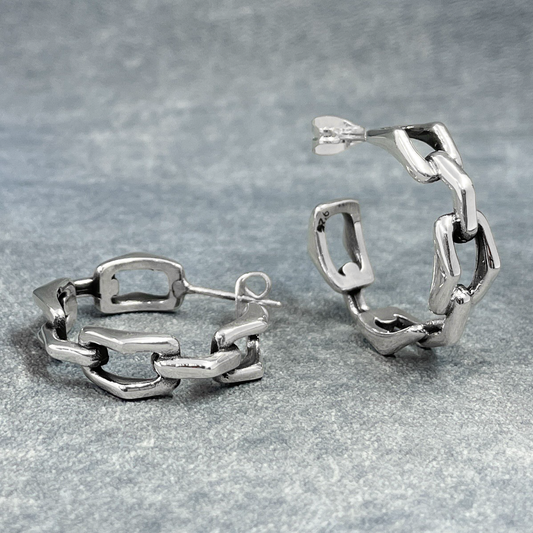 Saha - Bridge Chain Large Hoop Silver Earrings
