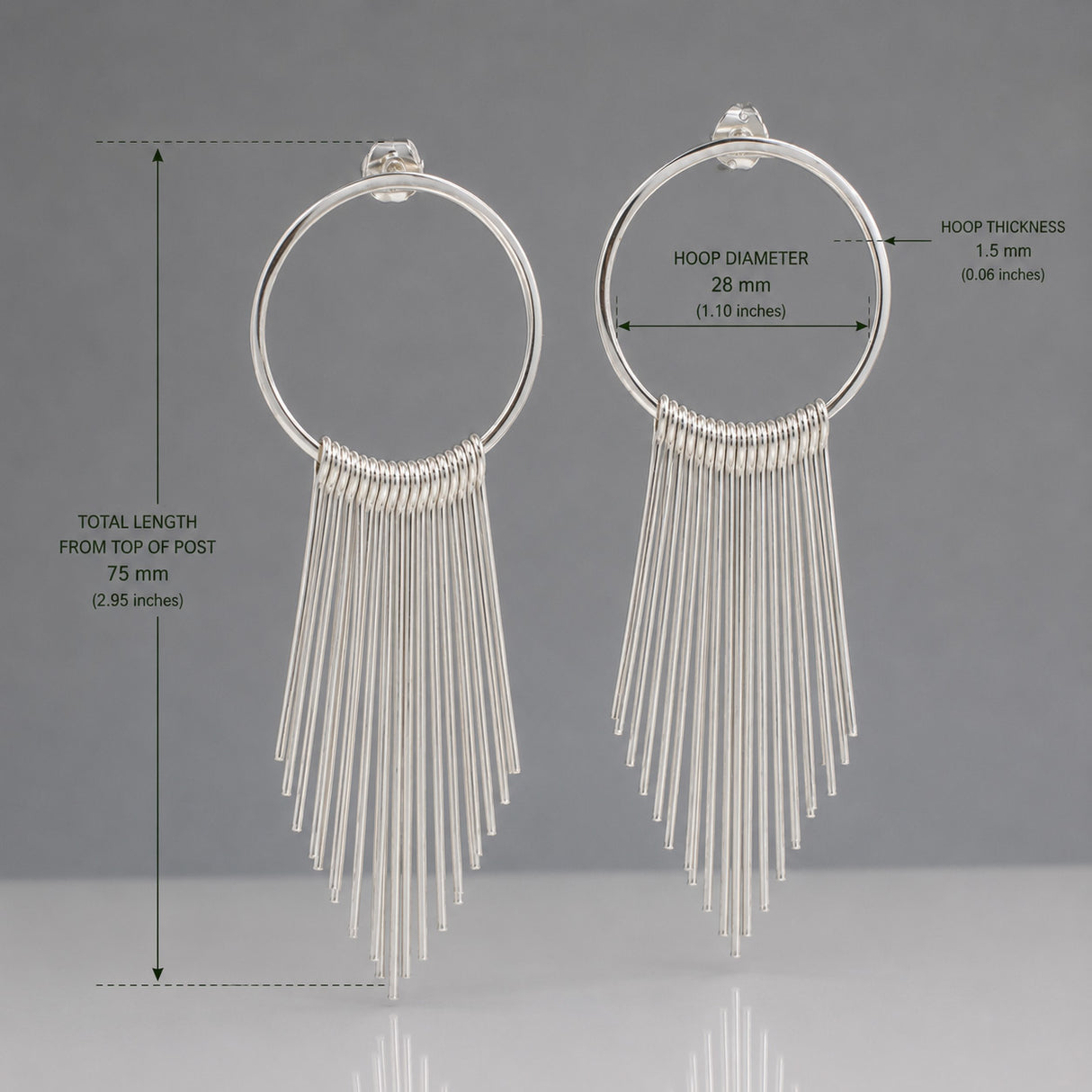 Saha RADA Cascade Long Hoop Silver Stud Earrings