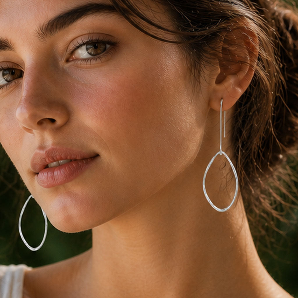 Saha Asymmetric Single Spinning Organic Oval Droplet Silver Dangle Earrings