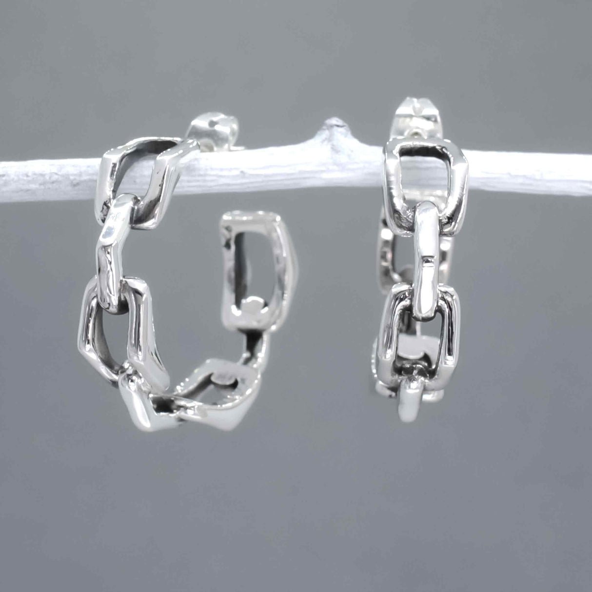 Saha Large Bridge Chain Silver Hoop Earrings