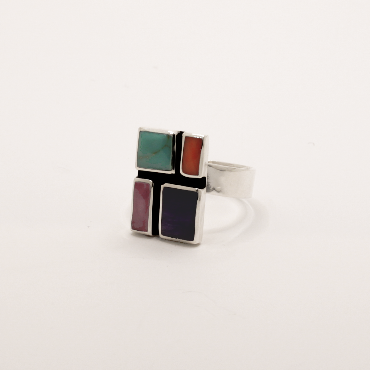 Sleveen Rectangle With Multi-Coloured Mosaic Resin Silver Adjustable Ring