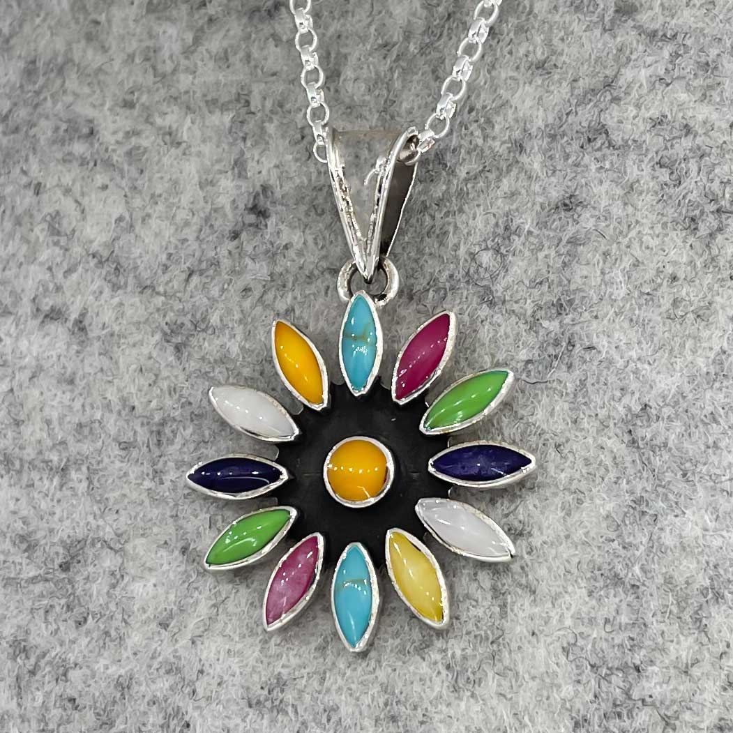 Sleveen Daisy Flower with Multi-Coloured Resin Silver Pendant