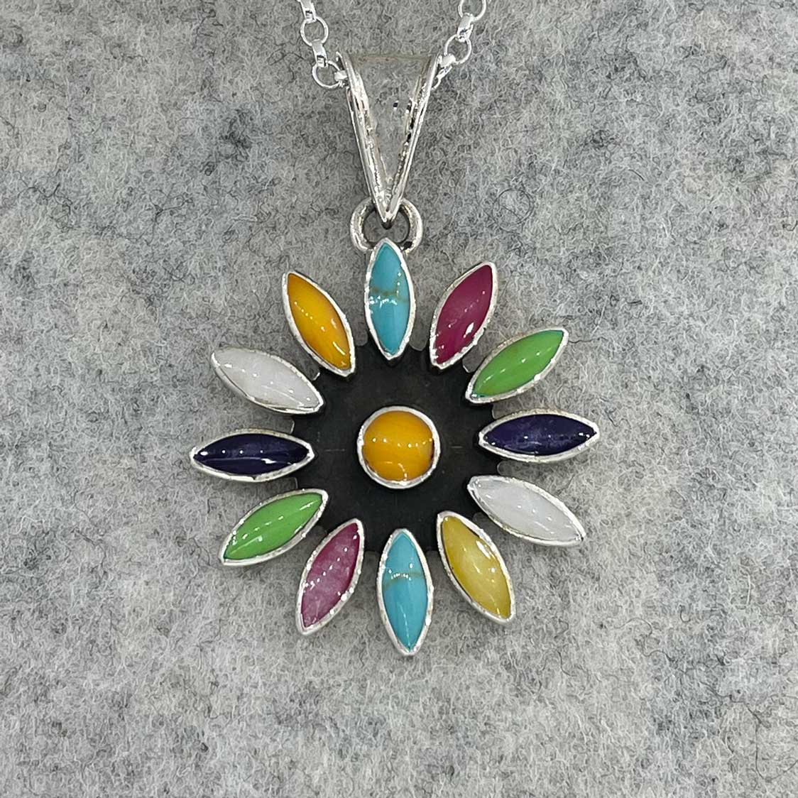 Sleveen Daisy Flower with Multi-Coloured Resin Silver Pendant
